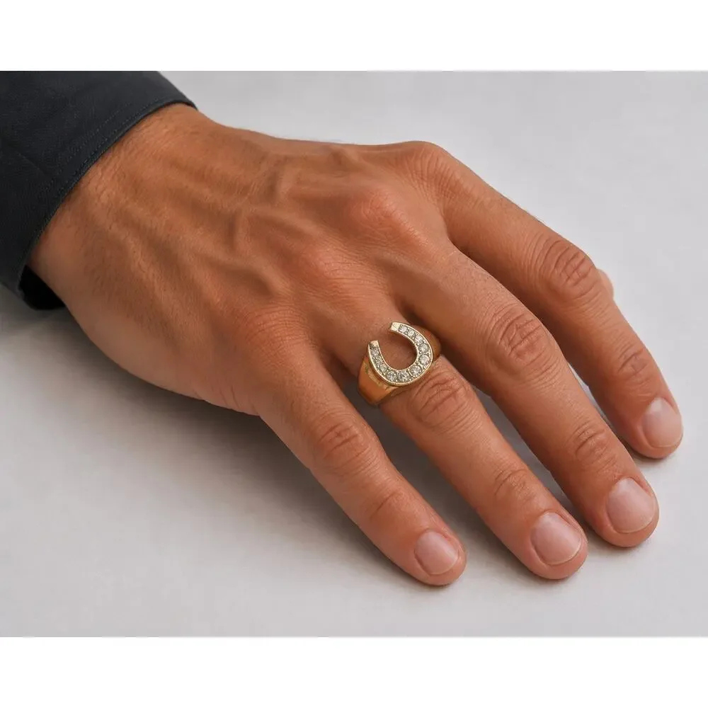Men's Ring Sz 10.5 Gold Tone Horseshoe Clear Faux Stones Marked 18K HGE UNTESTED
